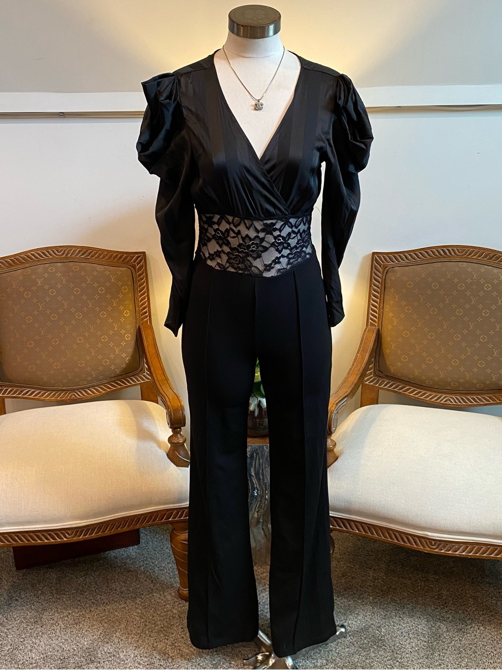 Valentine Black Pinstripes Palazzo Wide Leg Jumpsuit S Lace Details Gothic Glam